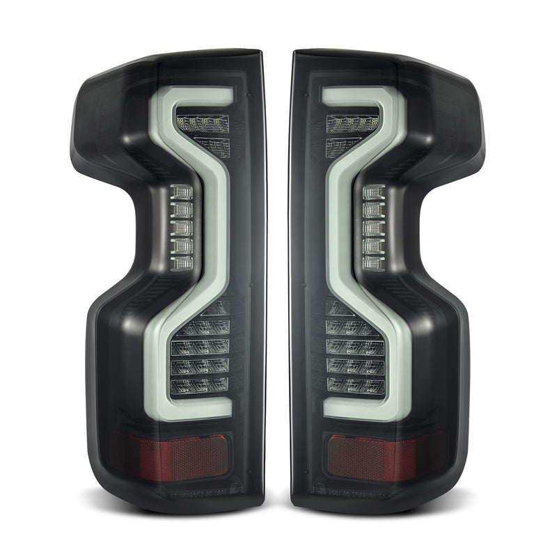 AlphaRex PRO-Series LED Tail Lights - Jet Black (four LED tubes, halogen reverse bulb) for 2019-2025 Chevrolet Silverado 1500 (5.3L V8, 6.2L V8, 2.7L Turbo I4)