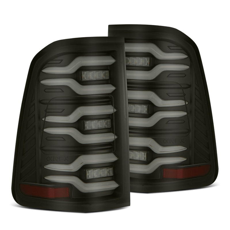 AlphaRex LUXX-Series LED Tail Lights, Black for 2019-2024 (DT / new body) Ram 1500 (3.6L Pentastar V6 eTorque (DT), 5.7L HEMI V8 (DT), 5.7L HEMI V8 eTorque (DT), 3.0L EcoDiesel V6 (DT, third-gen))