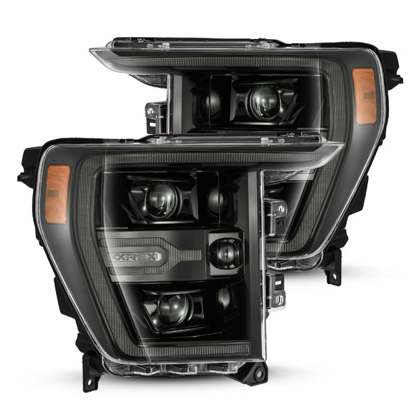 AlphaRex LUXX-Series Alpha-Black LED headlights for the 2021–2023 Ford F-150, showing the dual-projector design