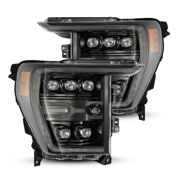 AlphaRex NOVA-Series Alpha-Black headlights for the 2021–2023 Ford F-150, showing the multi-projector design